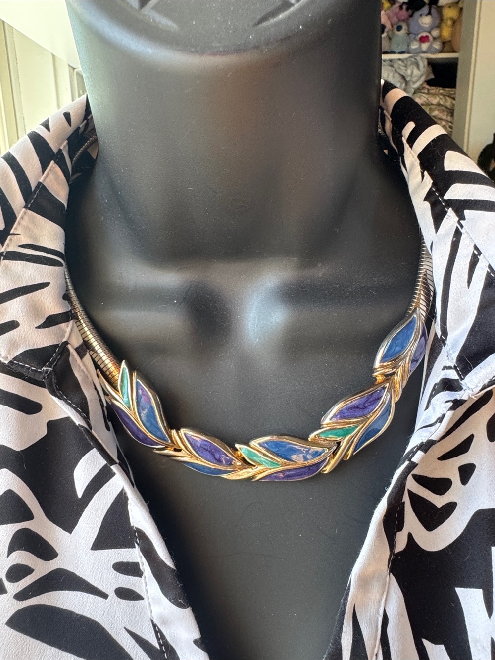 Gold-Tone Blue & Teal Leaf Choker Necklace